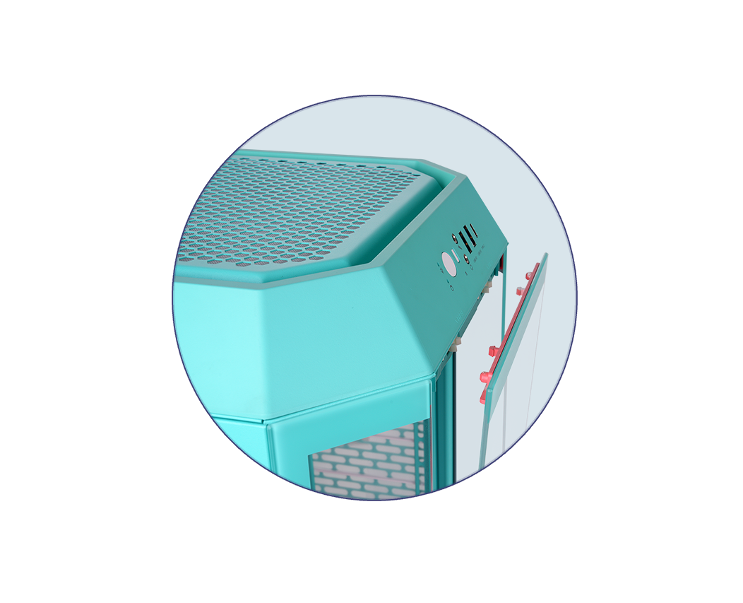 Front view of The Tower 250 Mint Strawberry showing tool-free tempered glass panels